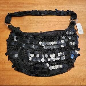Vintage Y2K Sequin Beaded Shoulder Bag Purse Crochet Black